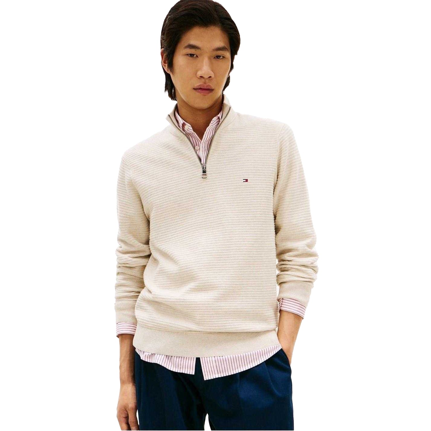 Oatmilk - Side - Tommy Hilfiger Mens Zip Neck Regular Jumper