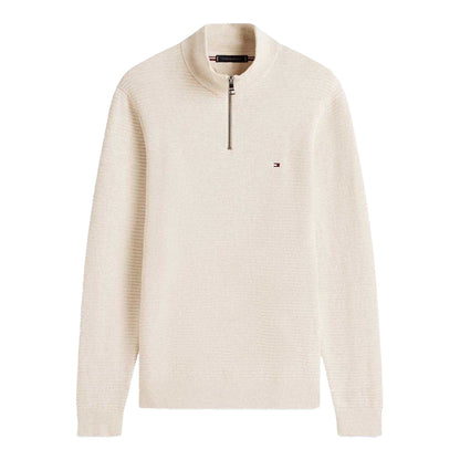 Oatmilk - Front - Tommy Hilfiger Mens Zip Neck Regular Jumper