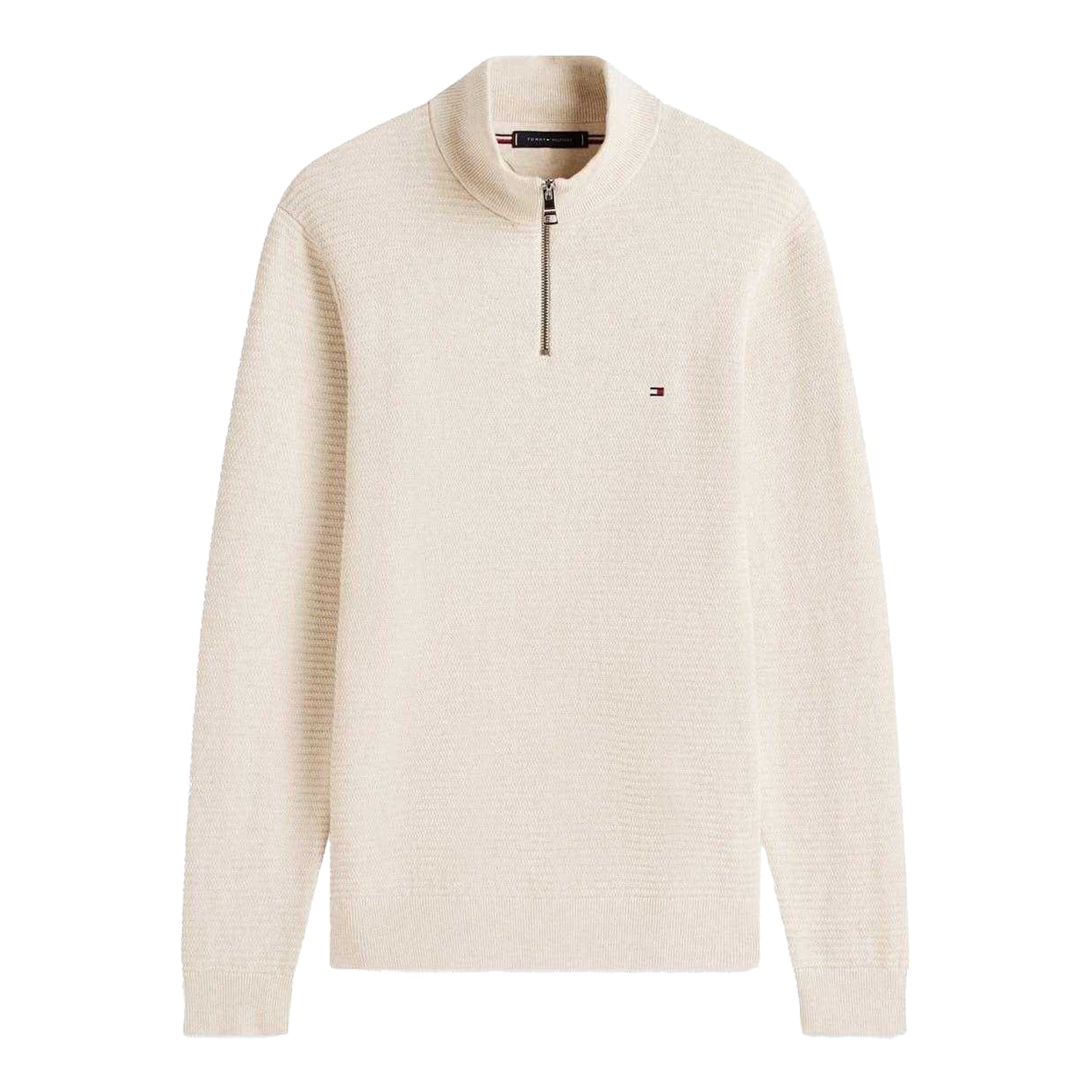 Oatmilk - Front - Tommy Hilfiger Mens Zip Neck Regular Jumper
