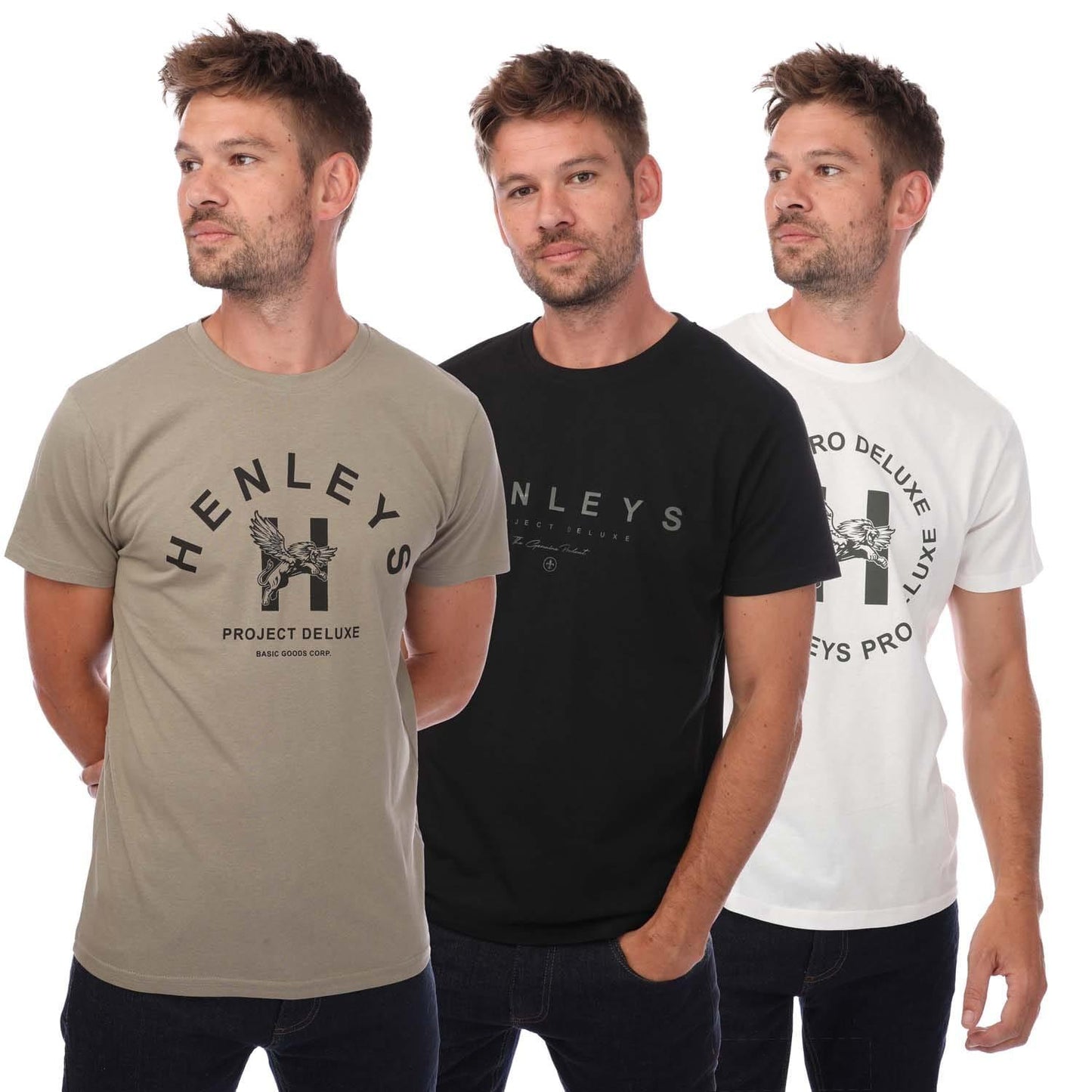 Black-White-Khaki - Front - Henleys Mens Hentree T-Shirt (Pack of 3)