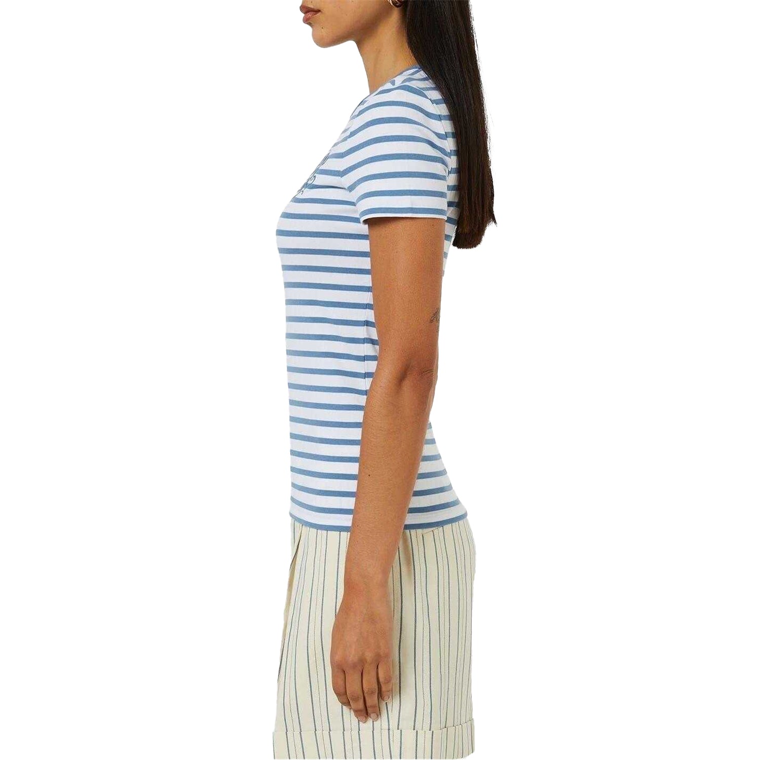 White-Azure Blue - Side - Ralph Lauren Womens-Ladies Striped Logo T-Shirt