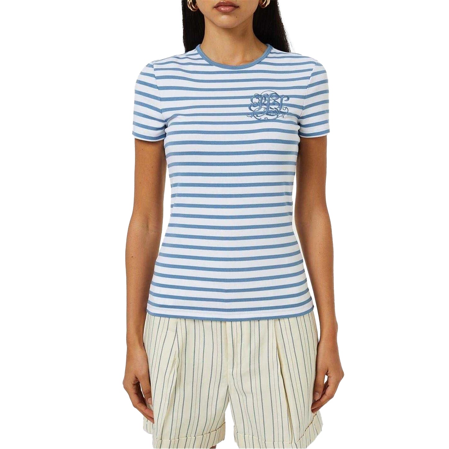 White-Azure Blue - Lifestyle - Ralph Lauren Womens-Ladies Striped Logo T-Shirt