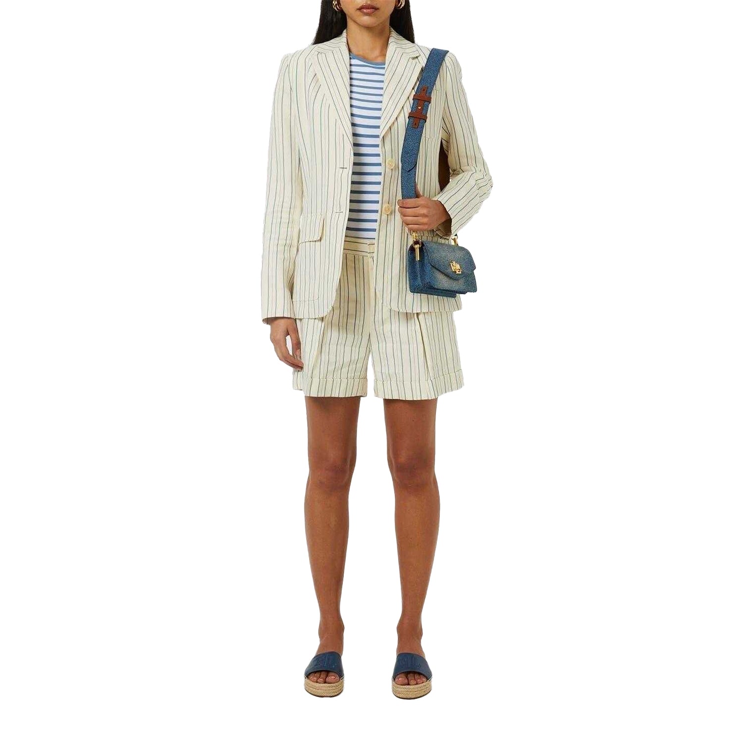 White-Azure Blue - Pack Shot - Ralph Lauren Womens-Ladies Striped Logo T-Shirt