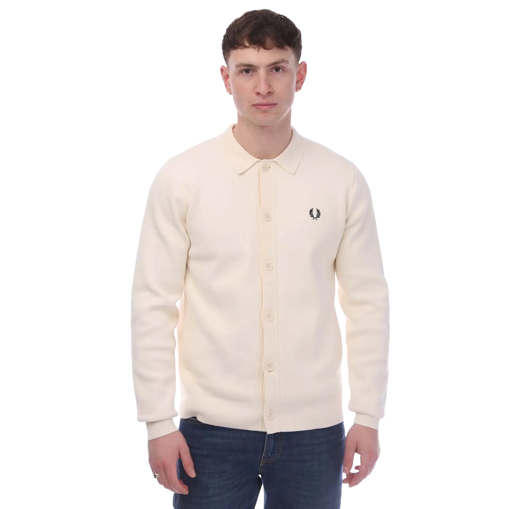 Ecru - Side - Fred Perry Mens Knitted Button Through Polo Shirt