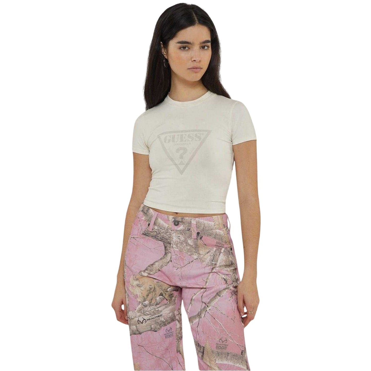 Sandy - Front - Guess Womens-Ladies Triangle Logo Cropped T-Shirt