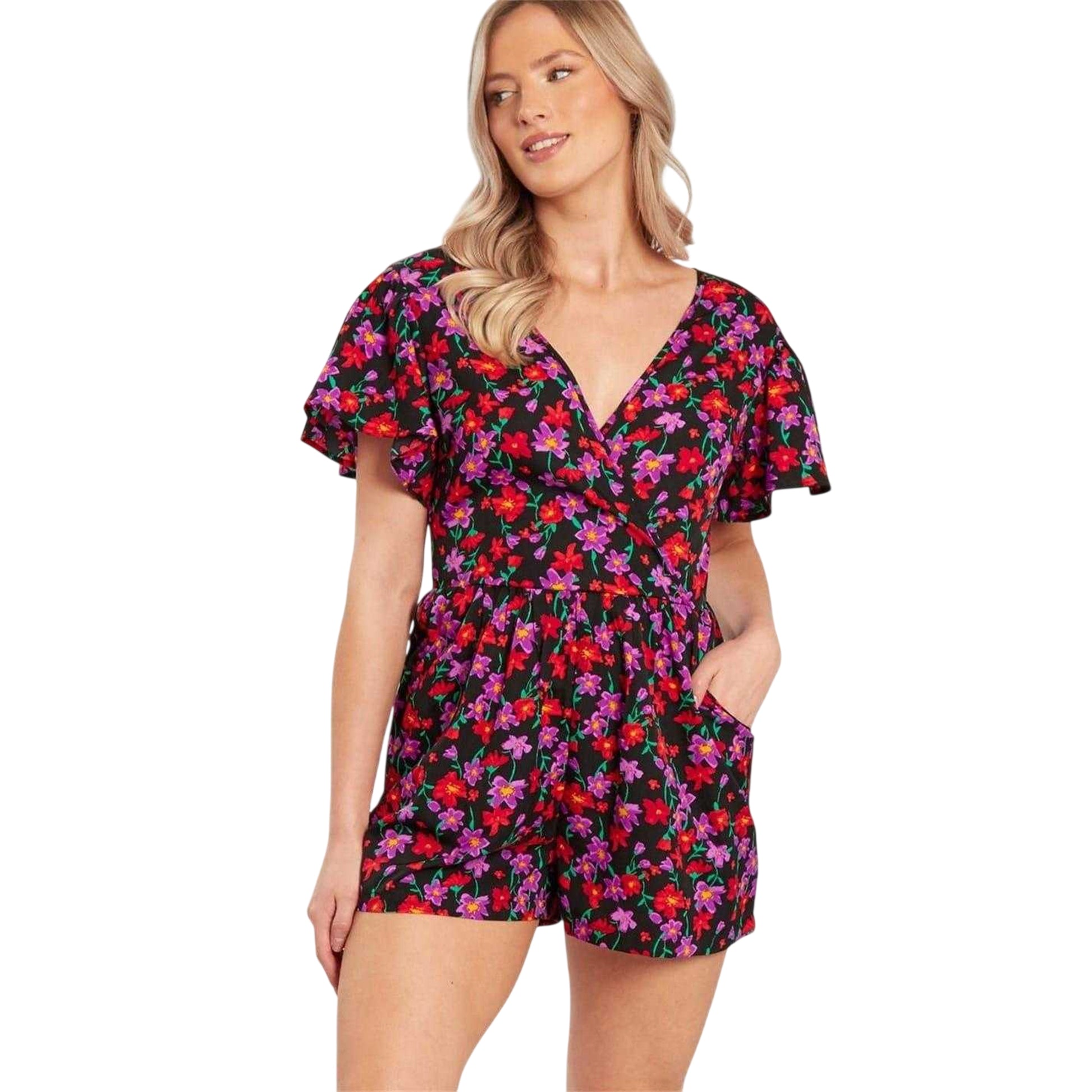 Black - Front - Influence Womens-Ladies Floral Wrap Playsuit