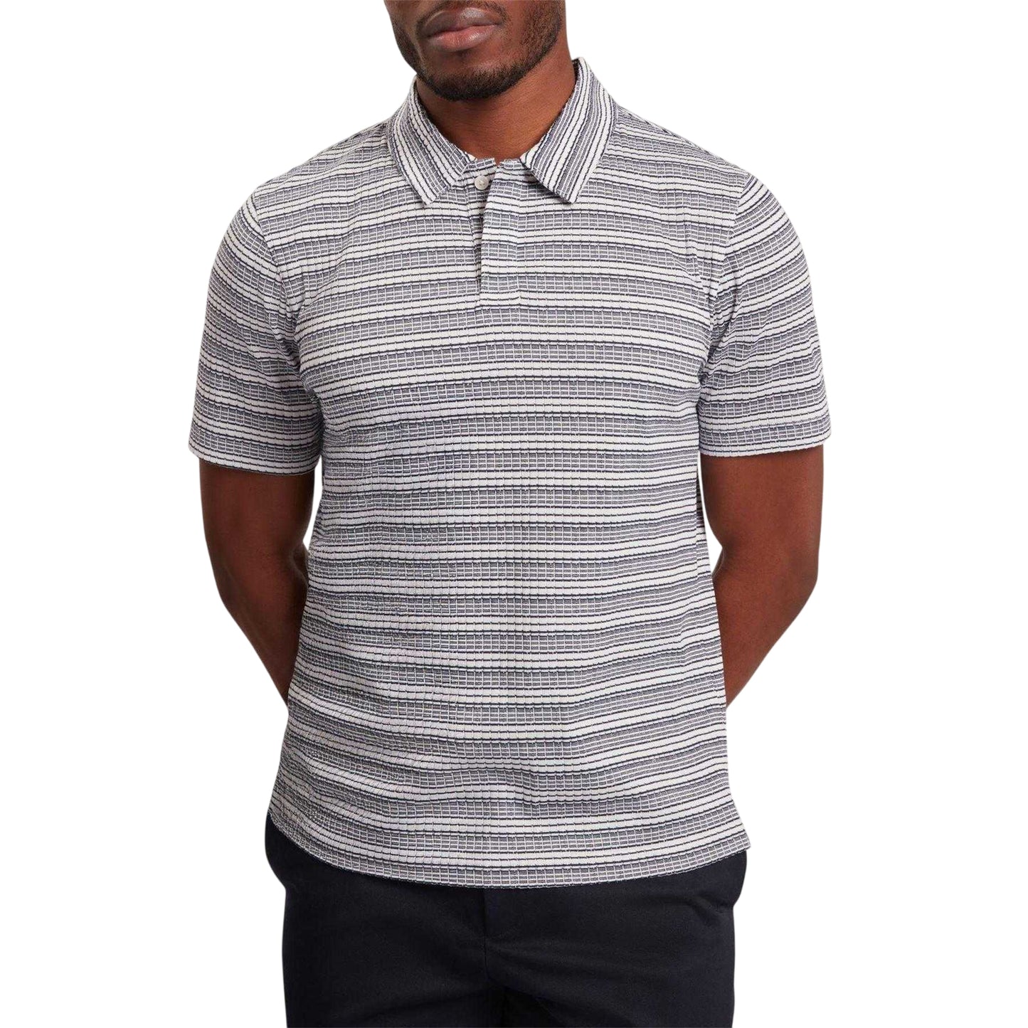 Navy - Side - Ted Baker Mens Striped Waffle Knit Polo Shirt