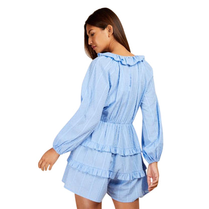 Blue - Back - Little Mistress Womens-Ladies Dobby Mock Wrap Playsuit