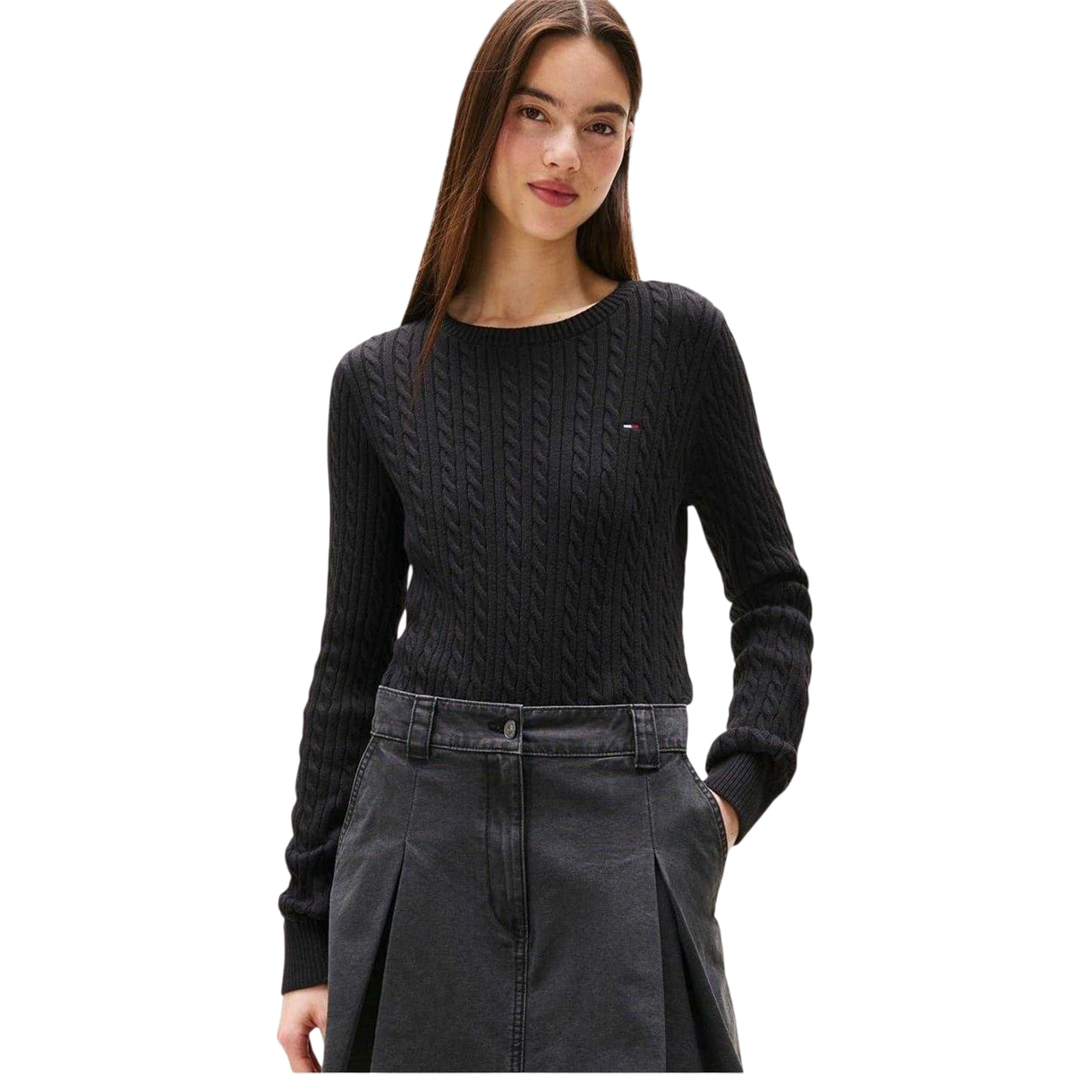 Black - Side - Tommy Jeans Womens-Ladies Cable Knit Long-Sleeved Sweater Top