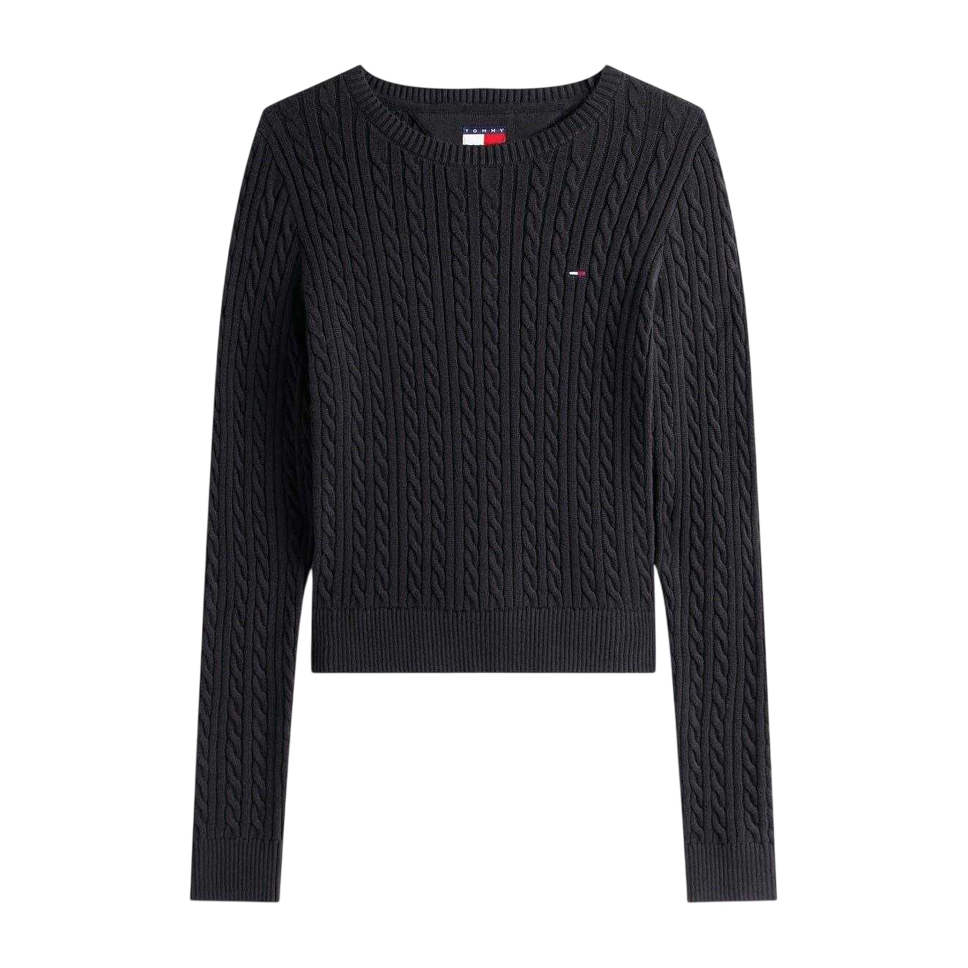 Black - Front - Tommy Jeans Womens-Ladies Cable Knit Long-Sleeved Sweater Top