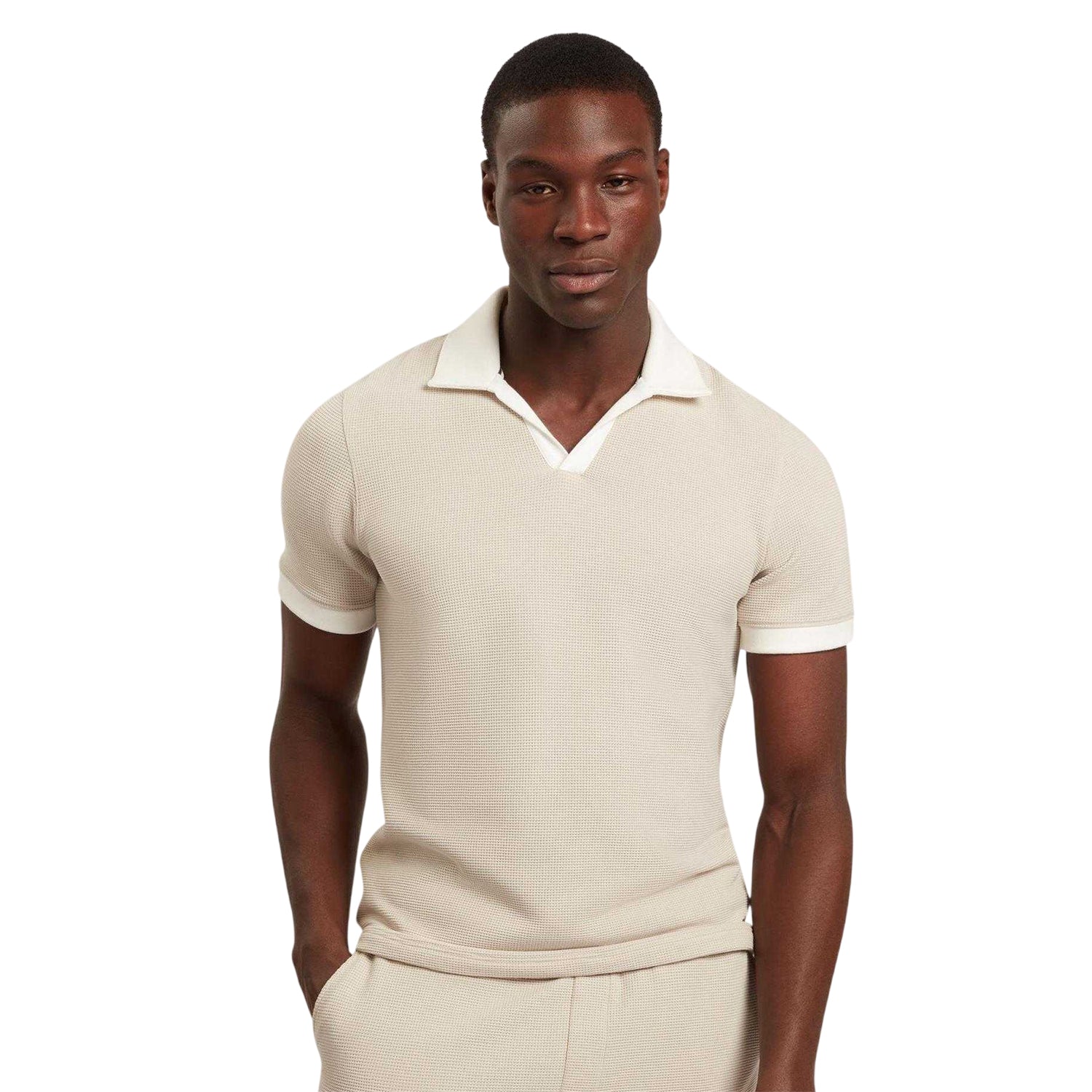 Ecru - Side - Ted Baker Mens Waffle Short-Sleeved Polo Shirt