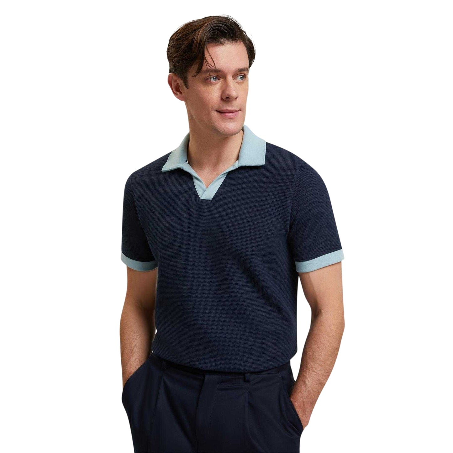Navy - Side - Ted Baker Mens Waffle Short-Sleeved Polo Shirt