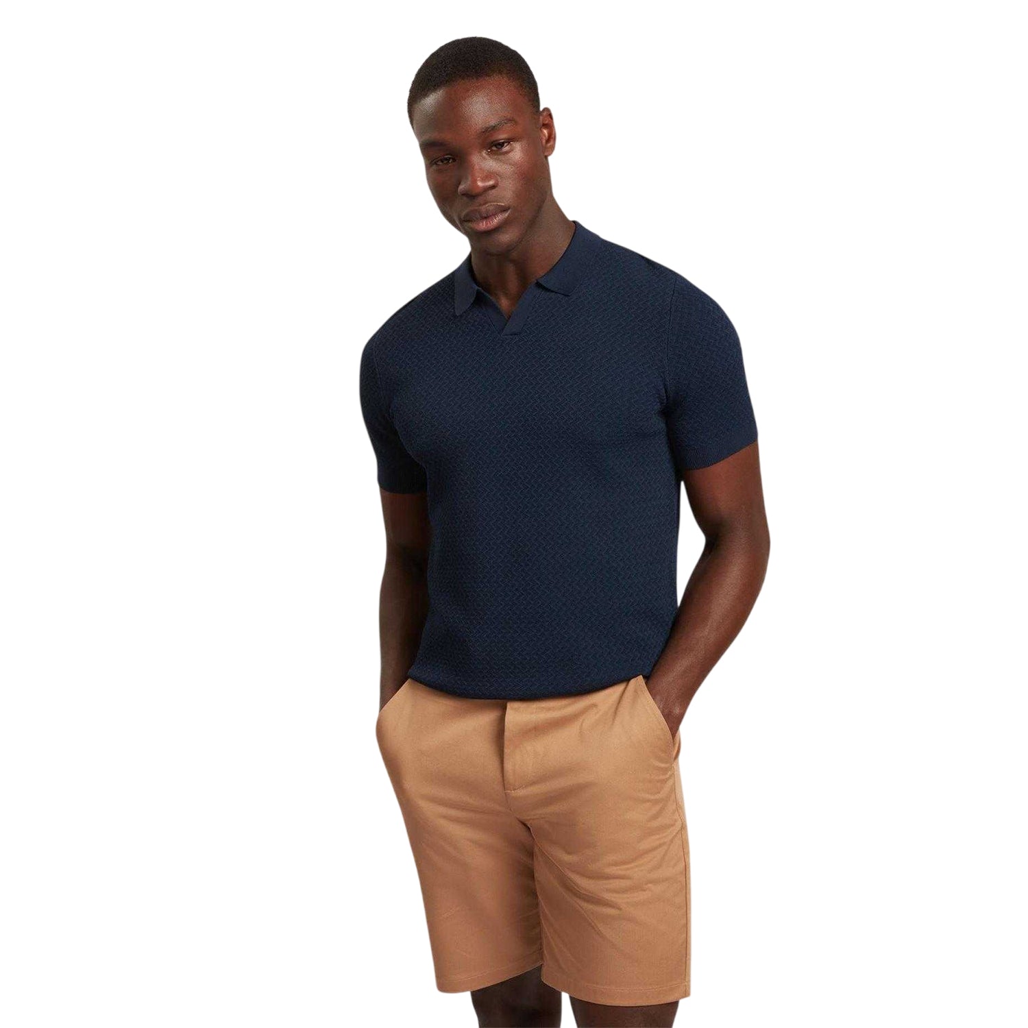 Navy - Side - Ted Baker Mens Zig Zag Knitted Polo Shirt