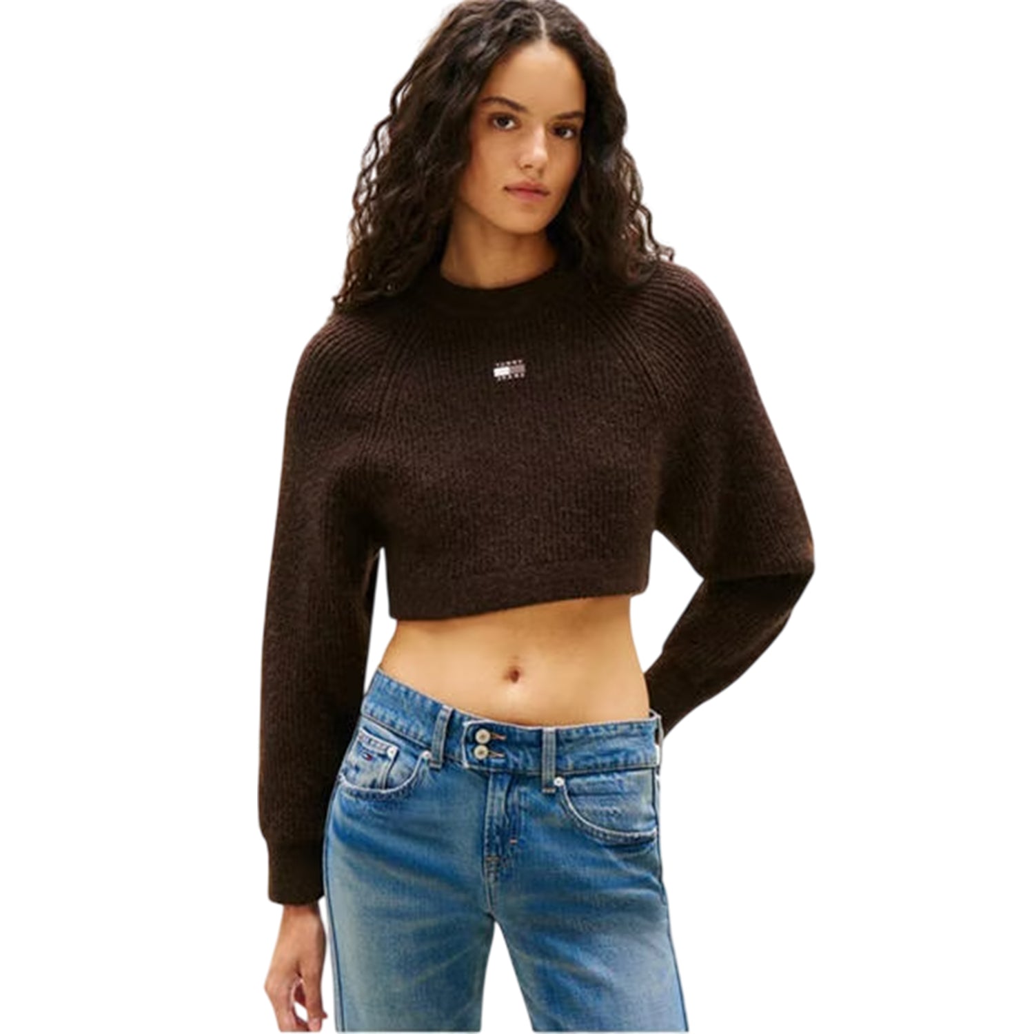 Walnut - Back - Tommy Jeans Womens-Ladies Knitted Cropped Raglan Jumper