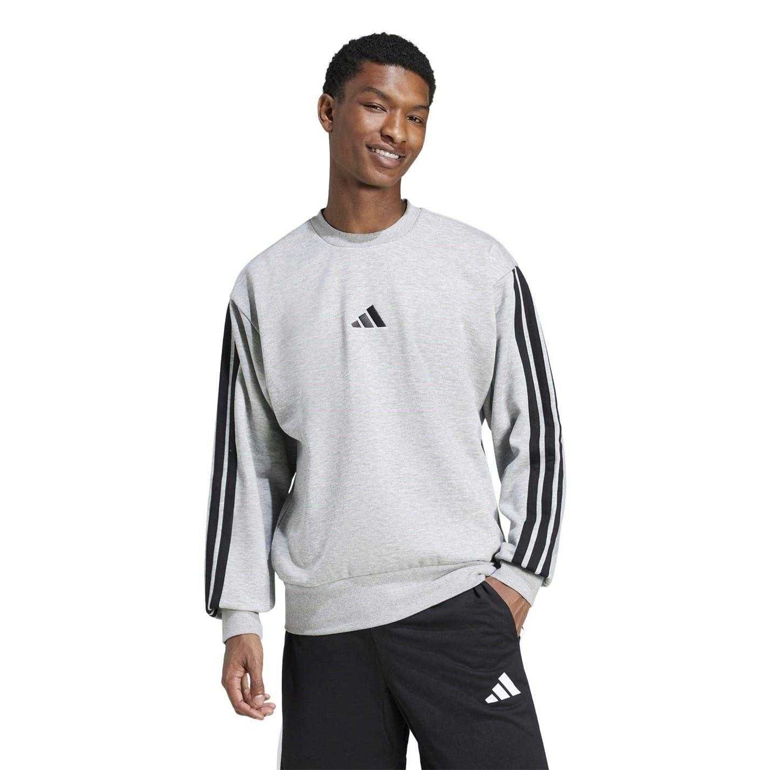 Medium Grey - Side - Adidas Mens Essentials 3 Stripes Fleece Sweatshirt