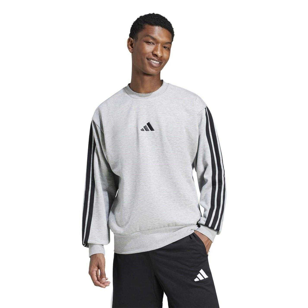 Medium Grey - Side - Adidas Mens Essentials 3 Stripes Fleece Sweatshirt