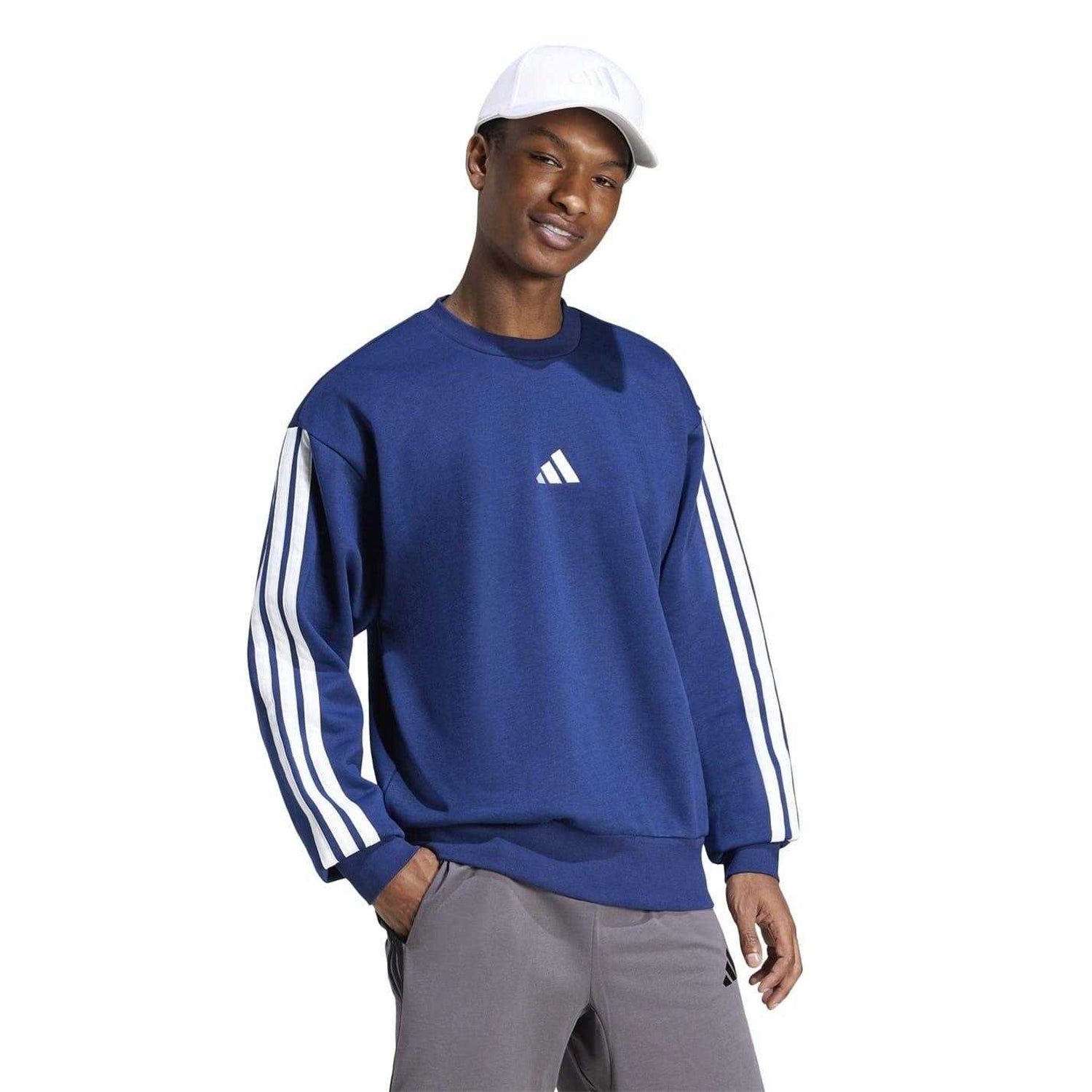 Navy-White - Side - Adidas Mens Essentials 3 Stripes Fleece Sweatshirt