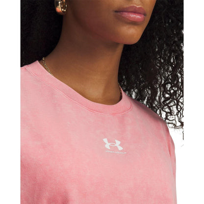 Pink-White - Side - Under Armour Womens-Ladies Rival Casual Crop T-Shirt