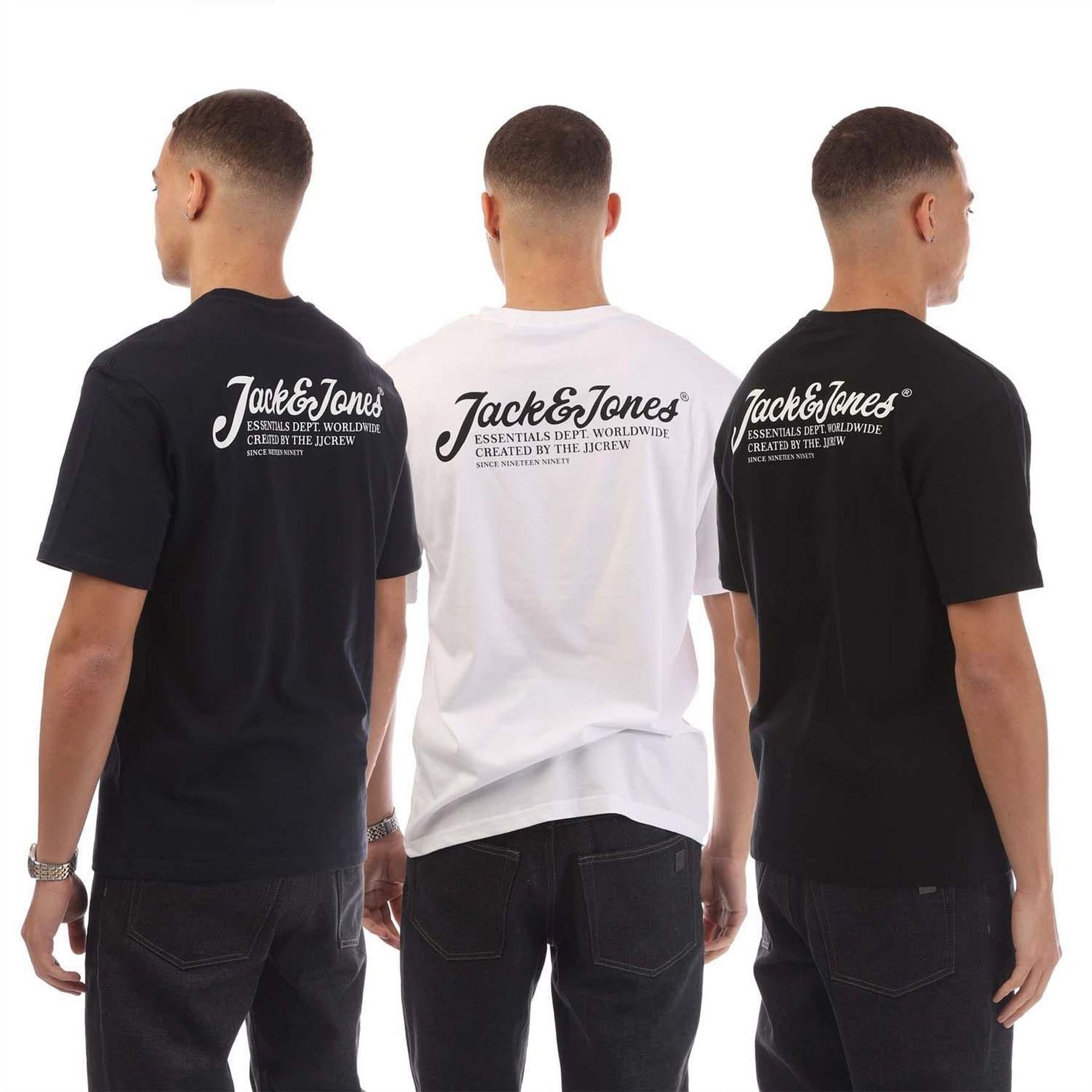 Navy - Back - Jack And Jones Mens Beau Footprint Cotton Regular T-Shirt (Pack of 3)