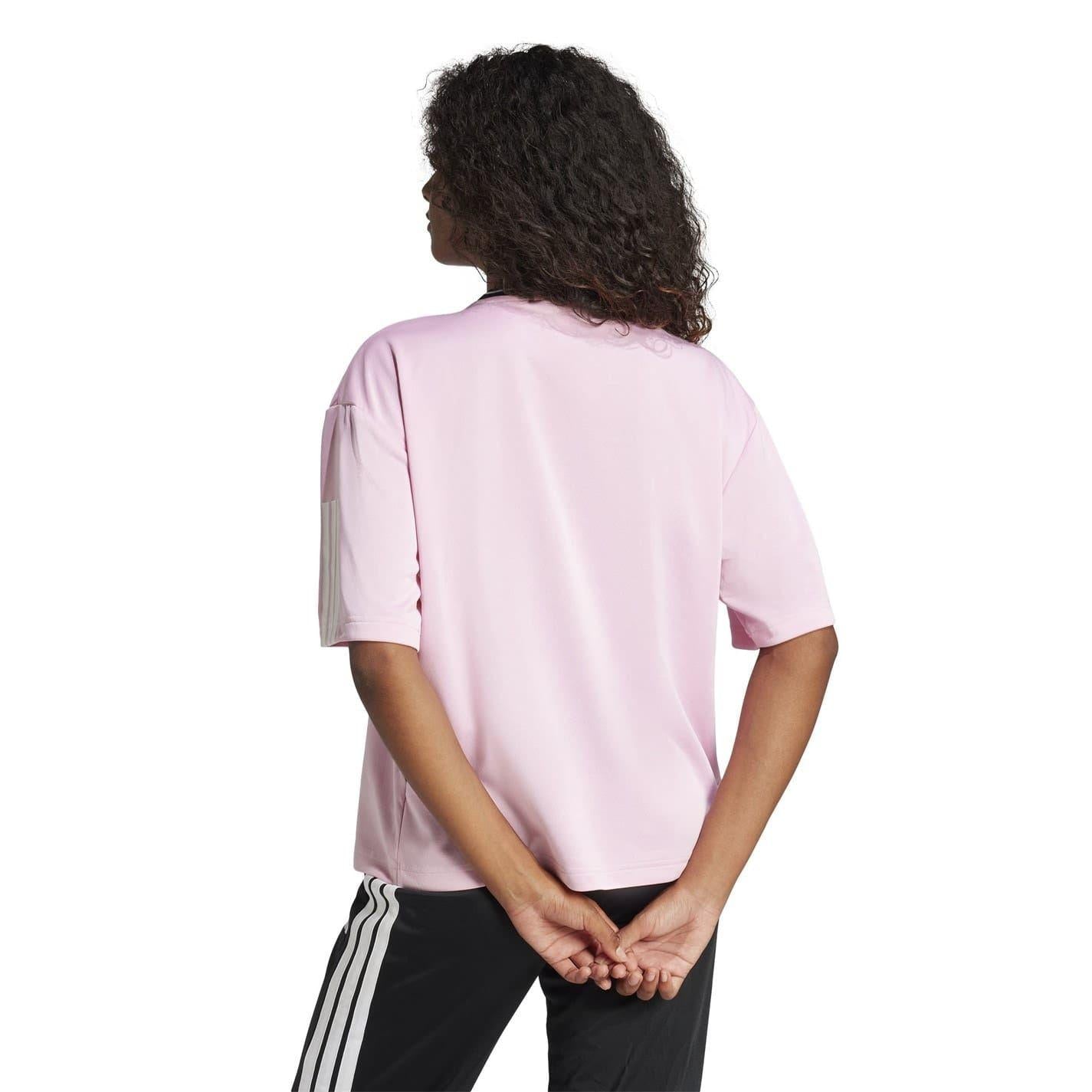 True Pink - Back - Adidas Womens-Ladies Tiro 3 Stripes Boyfriend T-Shirt