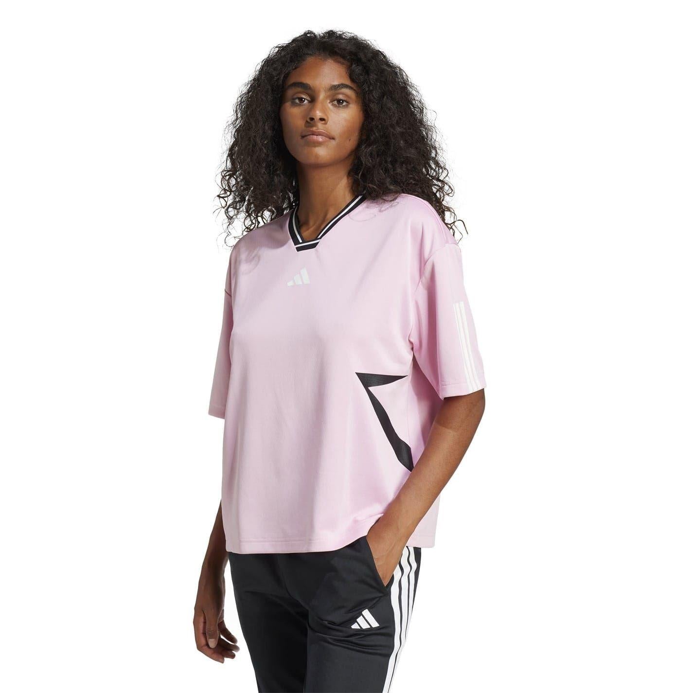 True Pink - Side - Adidas Womens-Ladies Tiro 3 Stripes Boyfriend T-Shirt