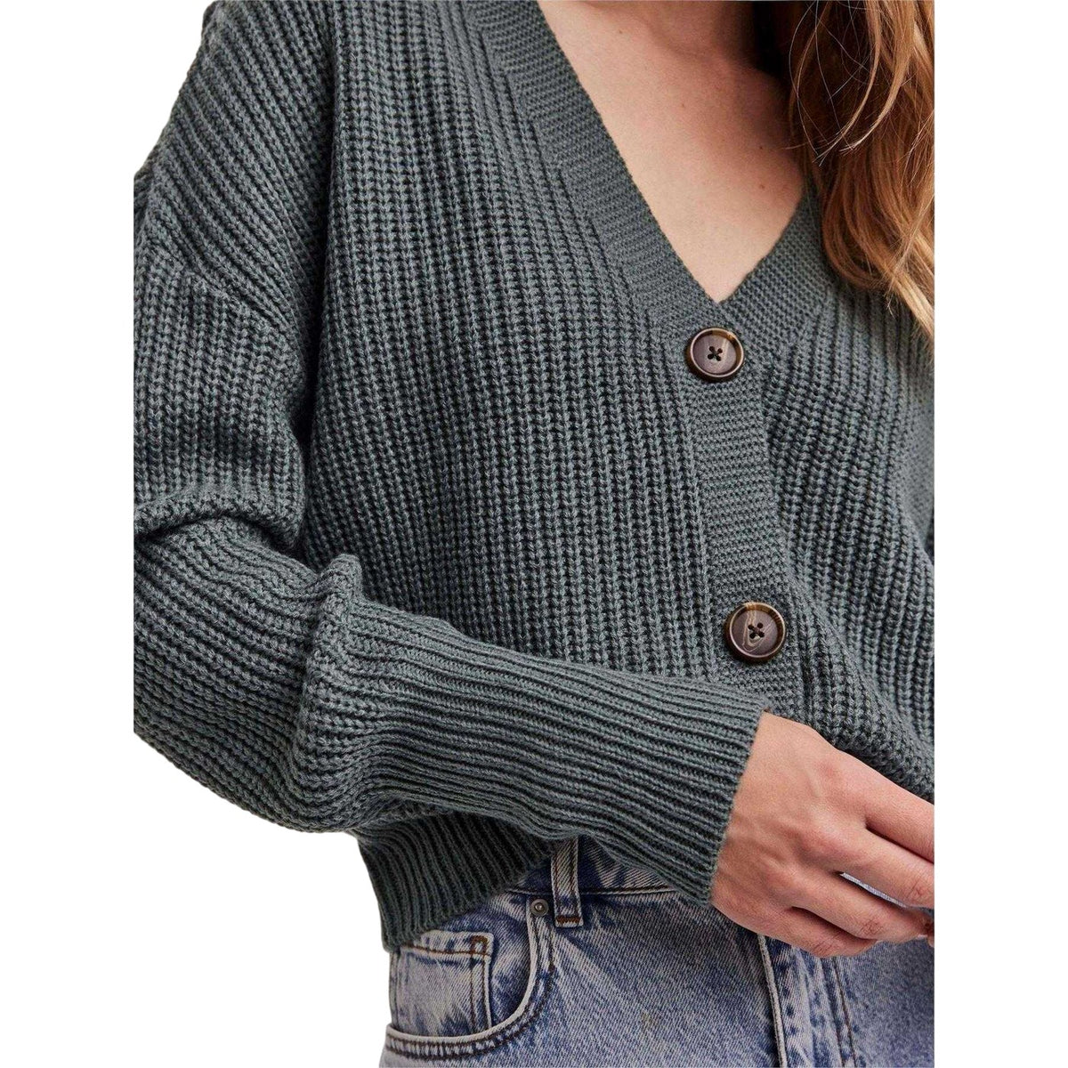 Balsam Green - Side - Vero Moda Womens-Ladies Ribbed Cuffed Relaxed Fit Cardigan