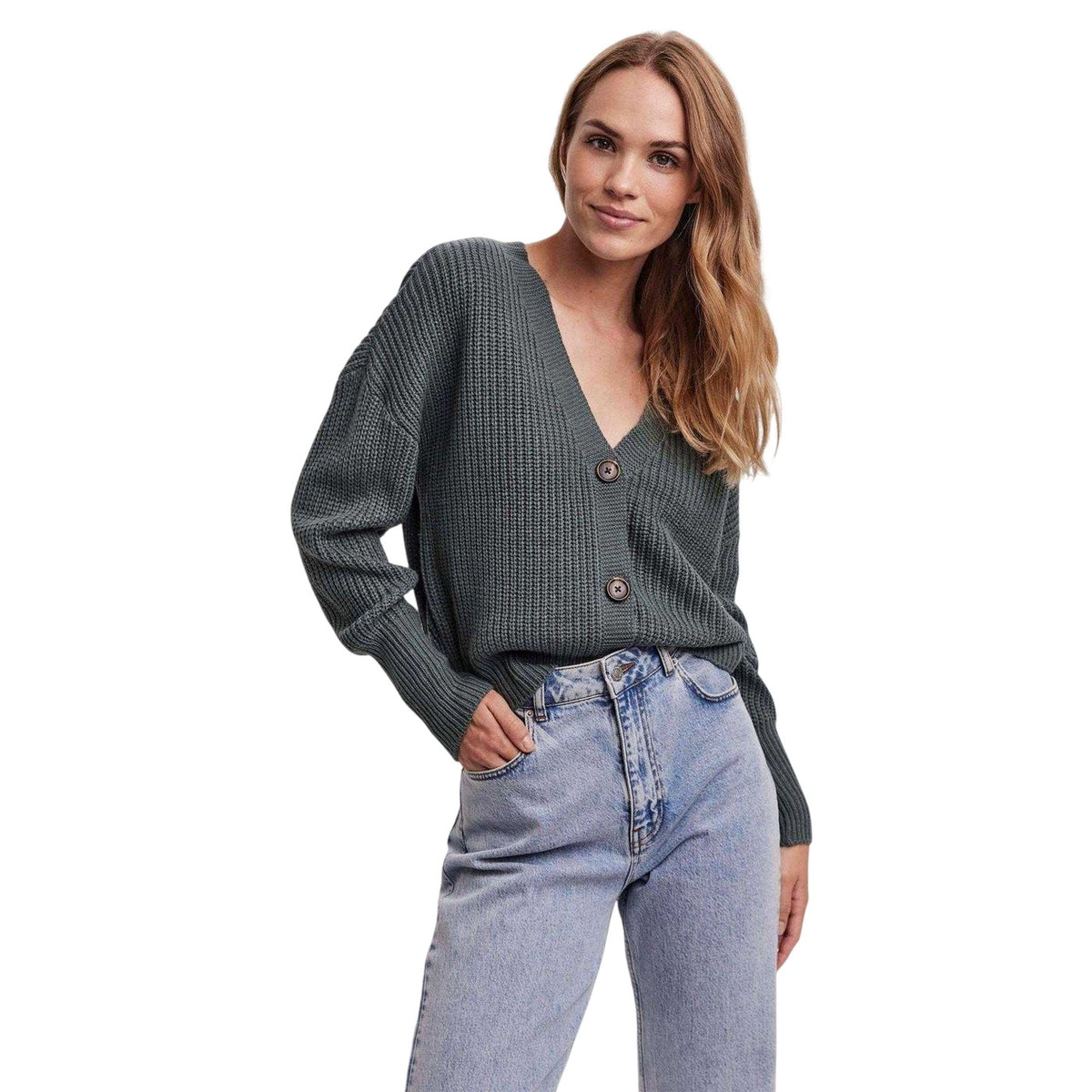 Balsam Green - Lifestyle - Vero Moda Womens-Ladies Ribbed Cuffed Relaxed Fit Cardigan