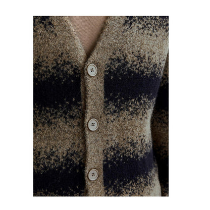 Greige - Side - Jack And Jones Mens Striped Chunky Knit Relaxed Fit Cardigan