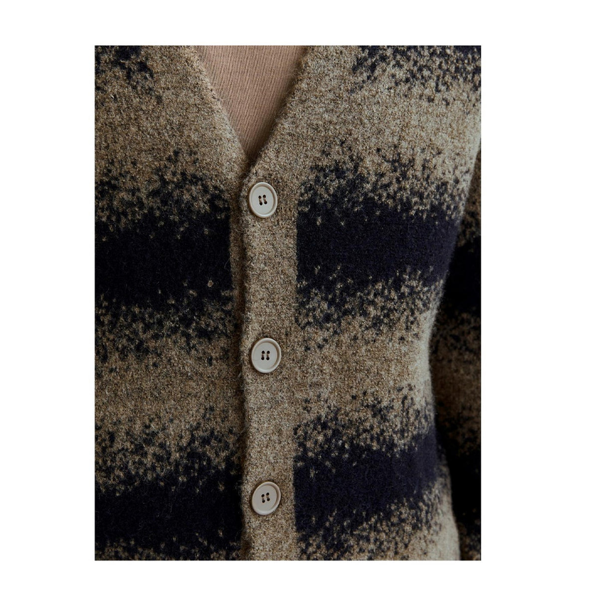 Greige - Side - Jack And Jones Mens Striped Chunky Knit Relaxed Fit Cardigan
