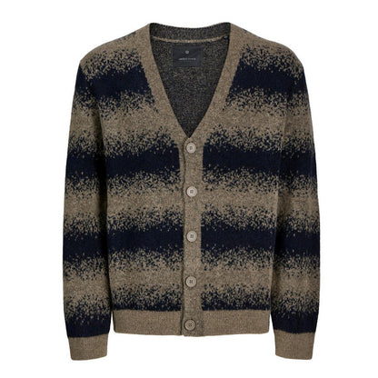 Greige - Front - Jack And Jones Mens Striped Chunky Knit Relaxed Fit Cardigan