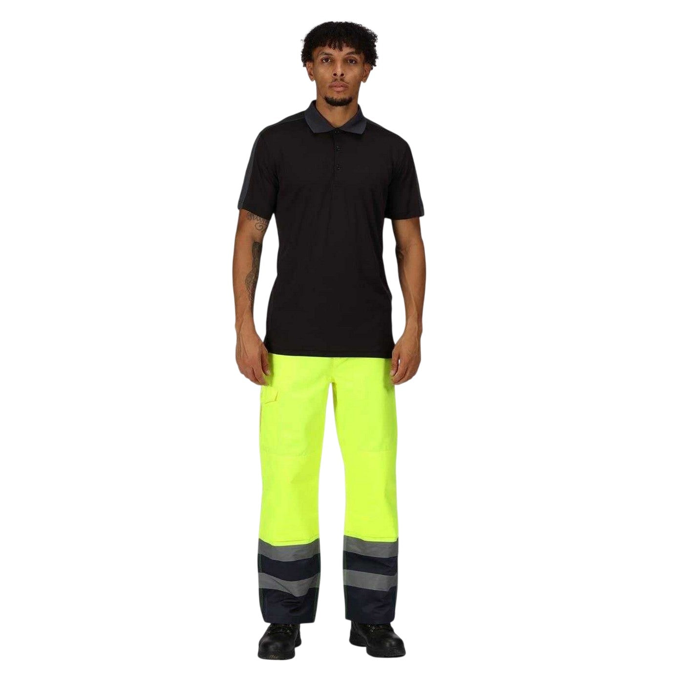 Yellow-Navy - Pack Shot - Regatta Mens Workwear Colour Block High-Vis Cargo Trousers