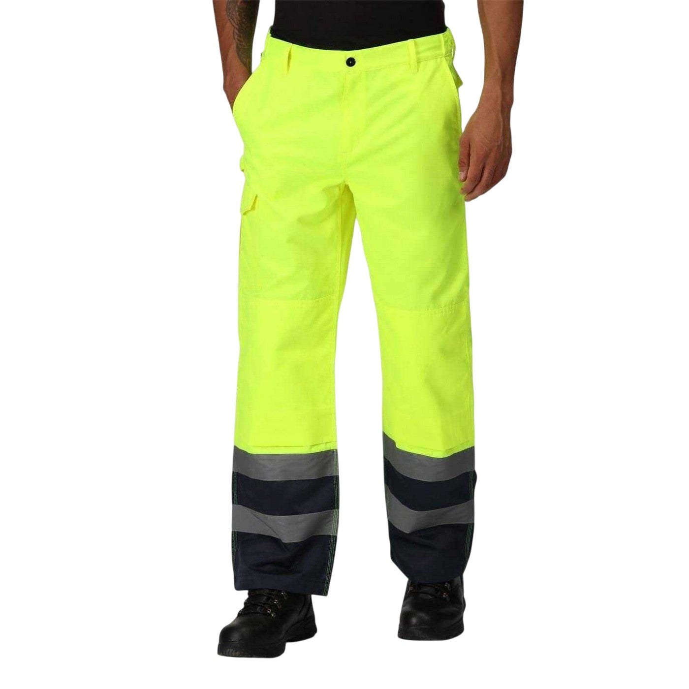 Yellow-Navy - Front - Regatta Mens Workwear Colour Block High-Vis Cargo Trousers