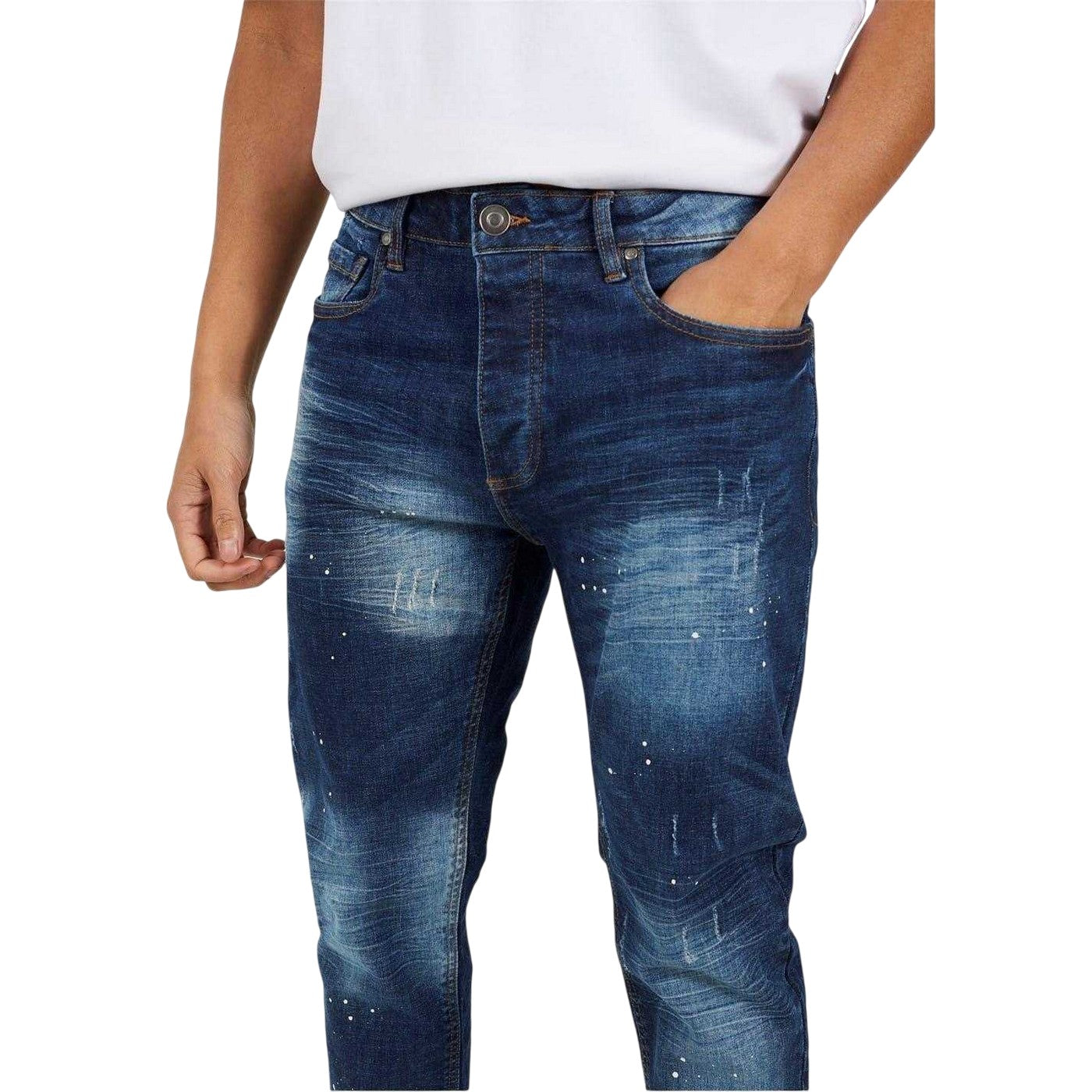 Blue - Side - Brave Soul Mens Cotton Splat Skinny Jeans