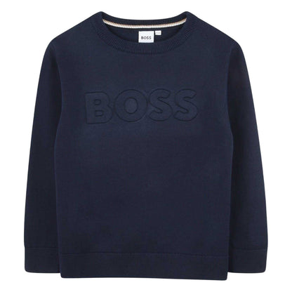 Navy - Front - Boss Childrens-Kids Logo Crew Neck Sweatshirt