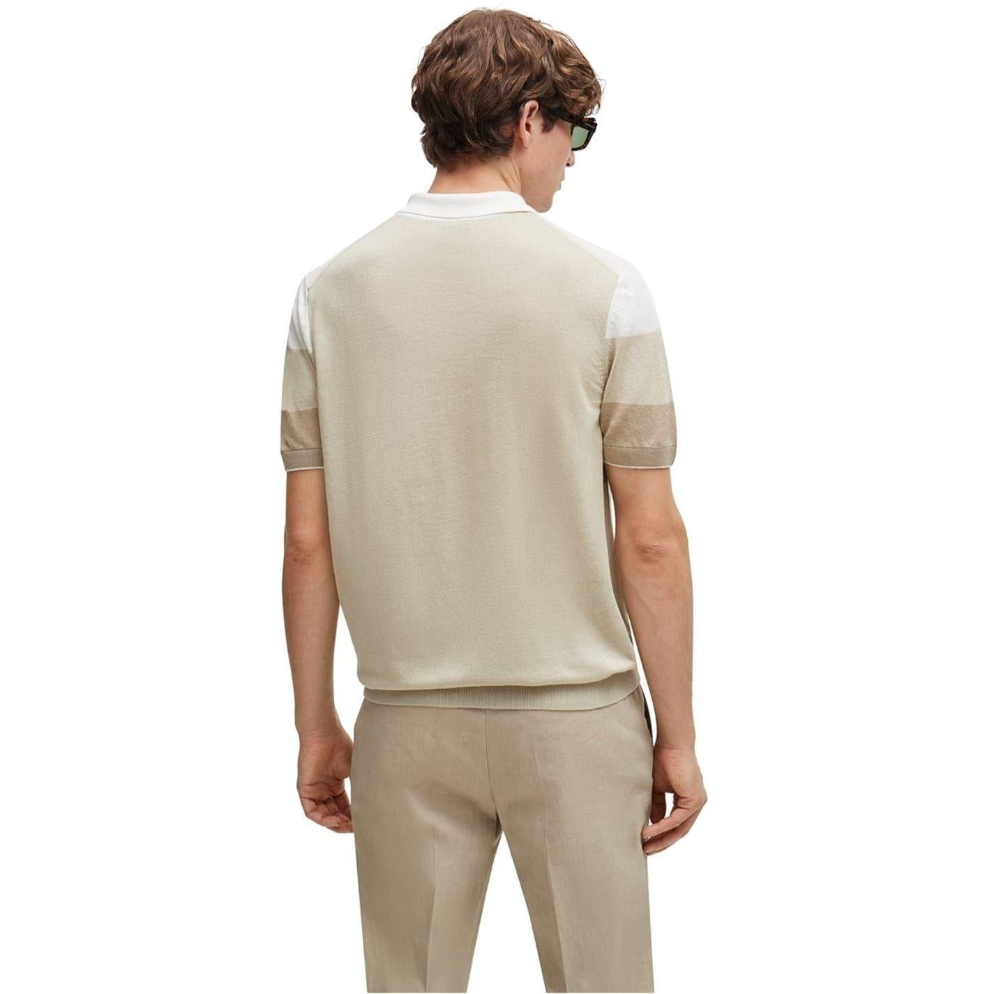 Light Beige - Back - Boss Mens Trieste Stripe Knitted Polo Shirt