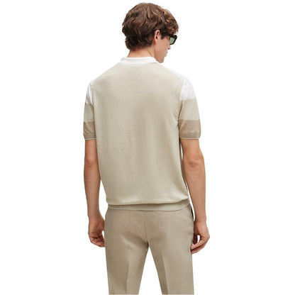 Light Beige - Back - Boss Mens Trieste Stripe Knitted Polo Shirt
