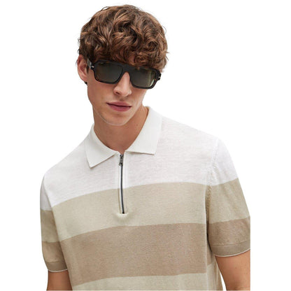 Light Beige - Side - Boss Mens Trieste Stripe Knitted Polo Shirt
