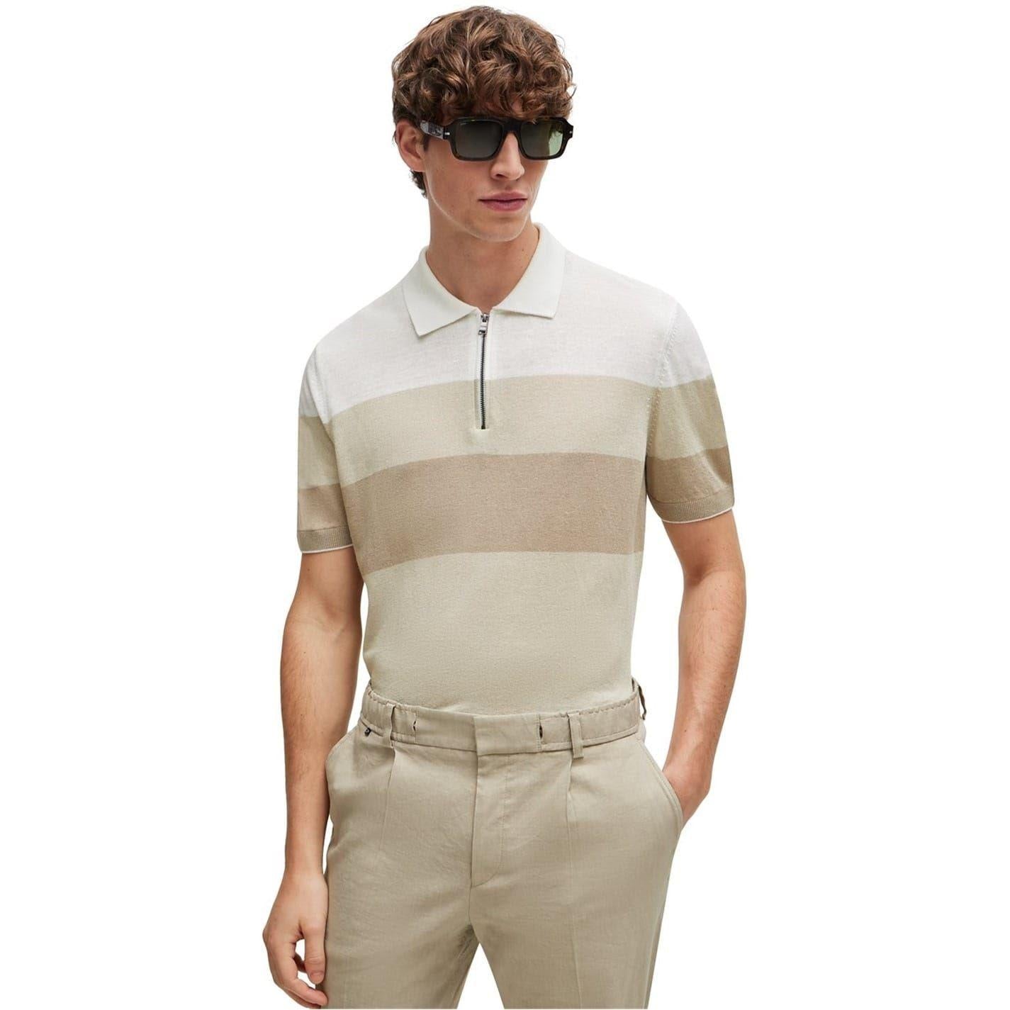 Light Beige - Lifestyle - Boss Mens Trieste Stripe Knitted Polo Shirt