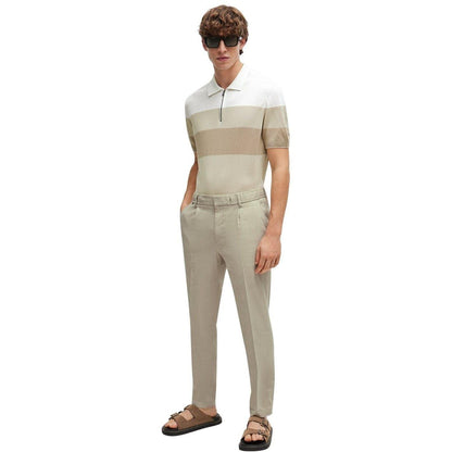Light Beige - Pack Shot - Boss Mens Trieste Stripe Knitted Polo Shirt