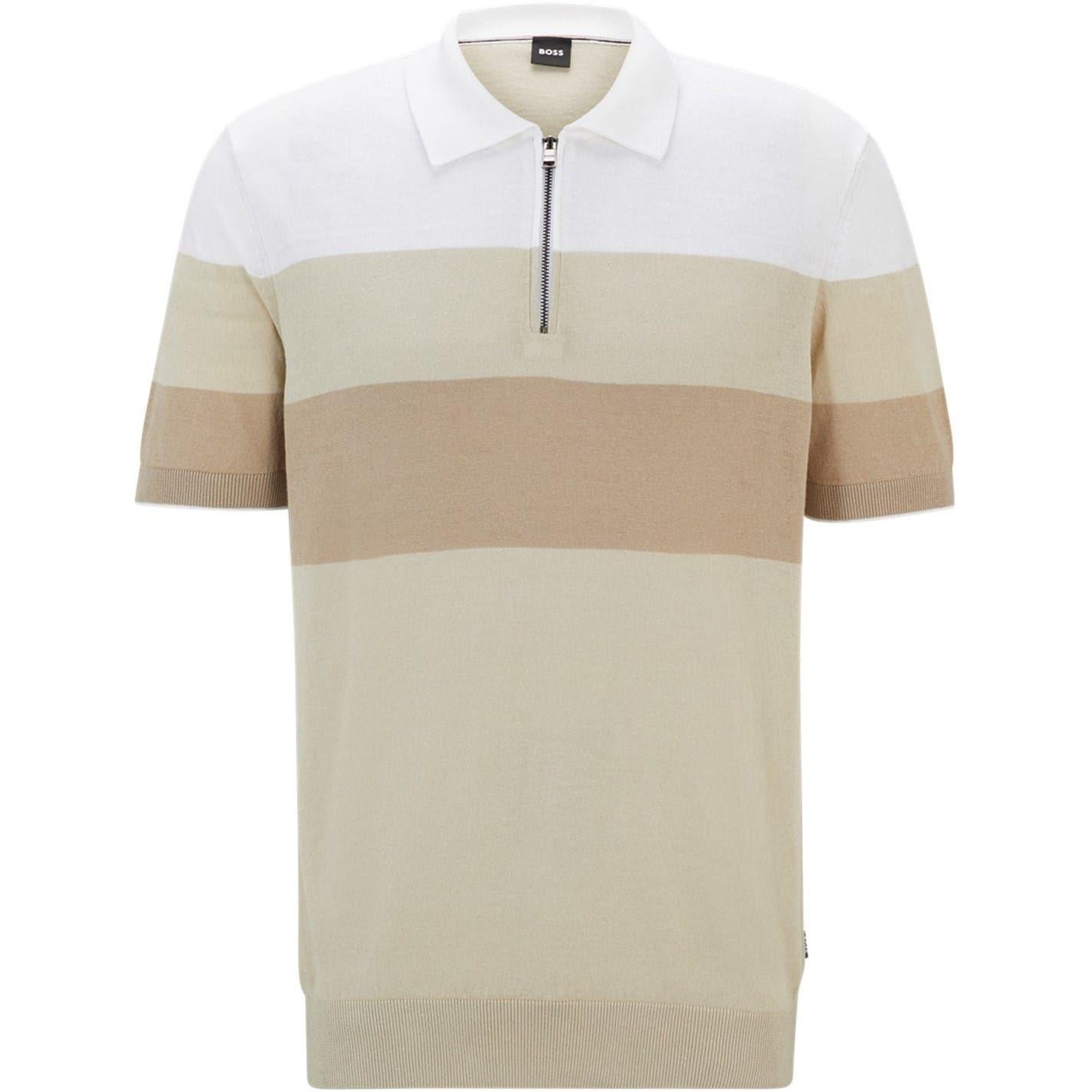 Light Beige - Front - Boss Mens Trieste Stripe Knitted Polo Shirt