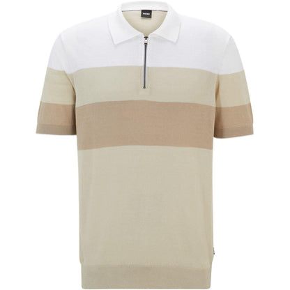Light Beige - Front - Boss Mens Trieste Stripe Knitted Polo Shirt