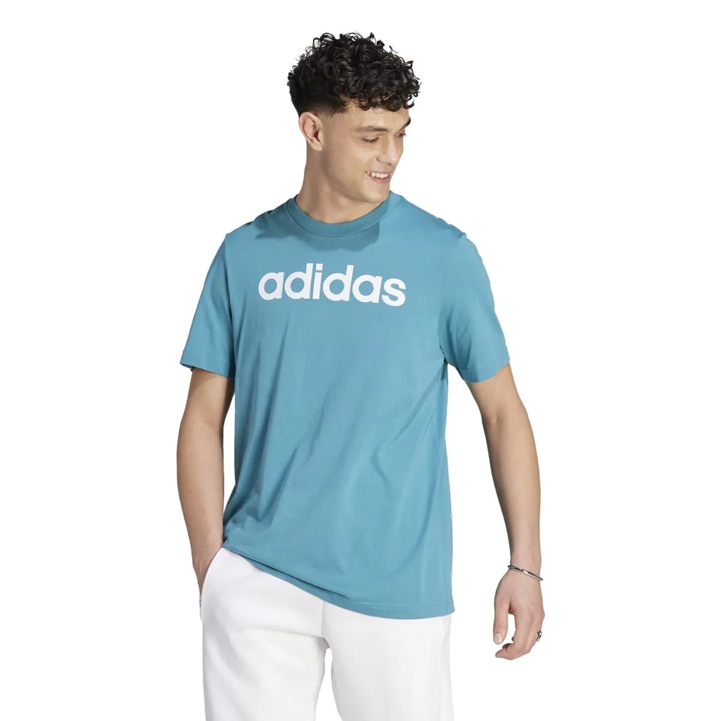 Blue - Side - Adidas Mens Essentials Linear Embroidered Logo T-Shirt