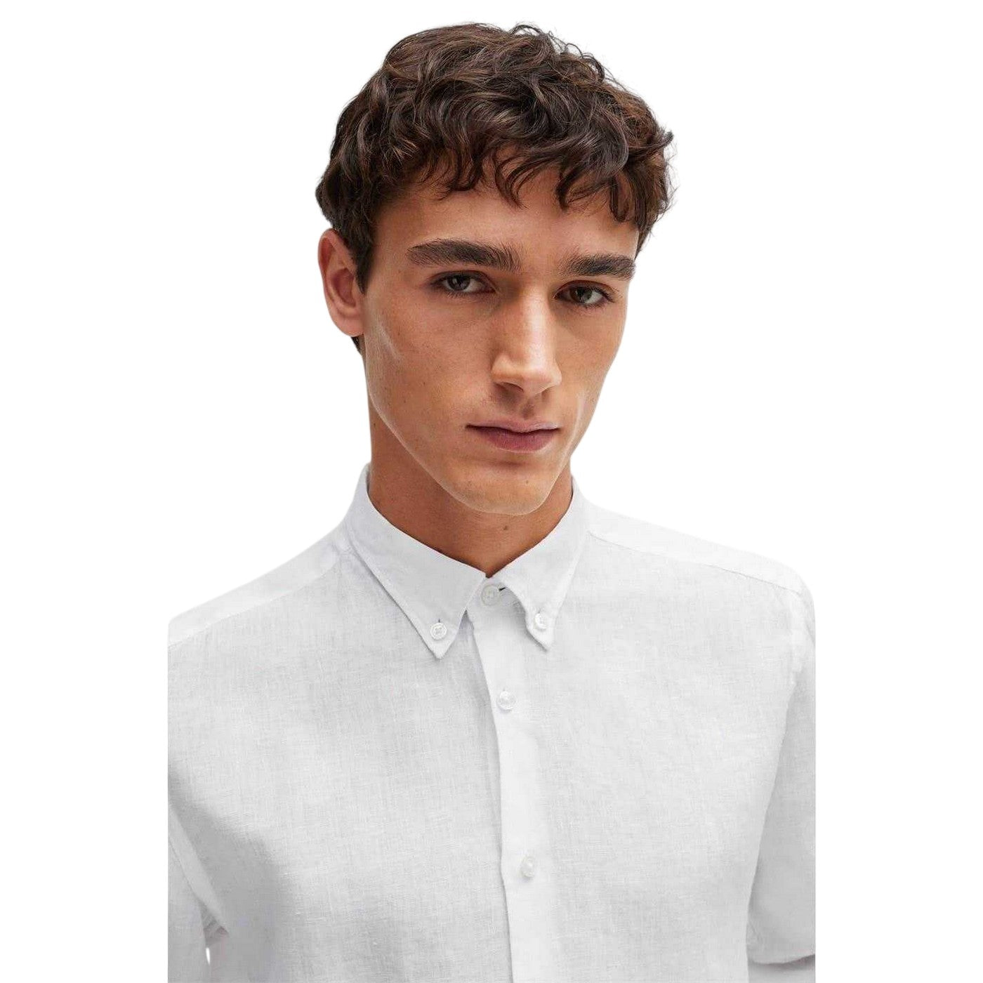 White - Side - Boss Mens Liam Linen Button-Down Shirt
