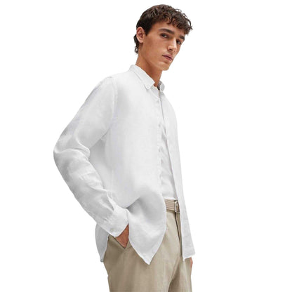 White - Lifestyle - Boss Mens Liam Linen Button-Down Shirt