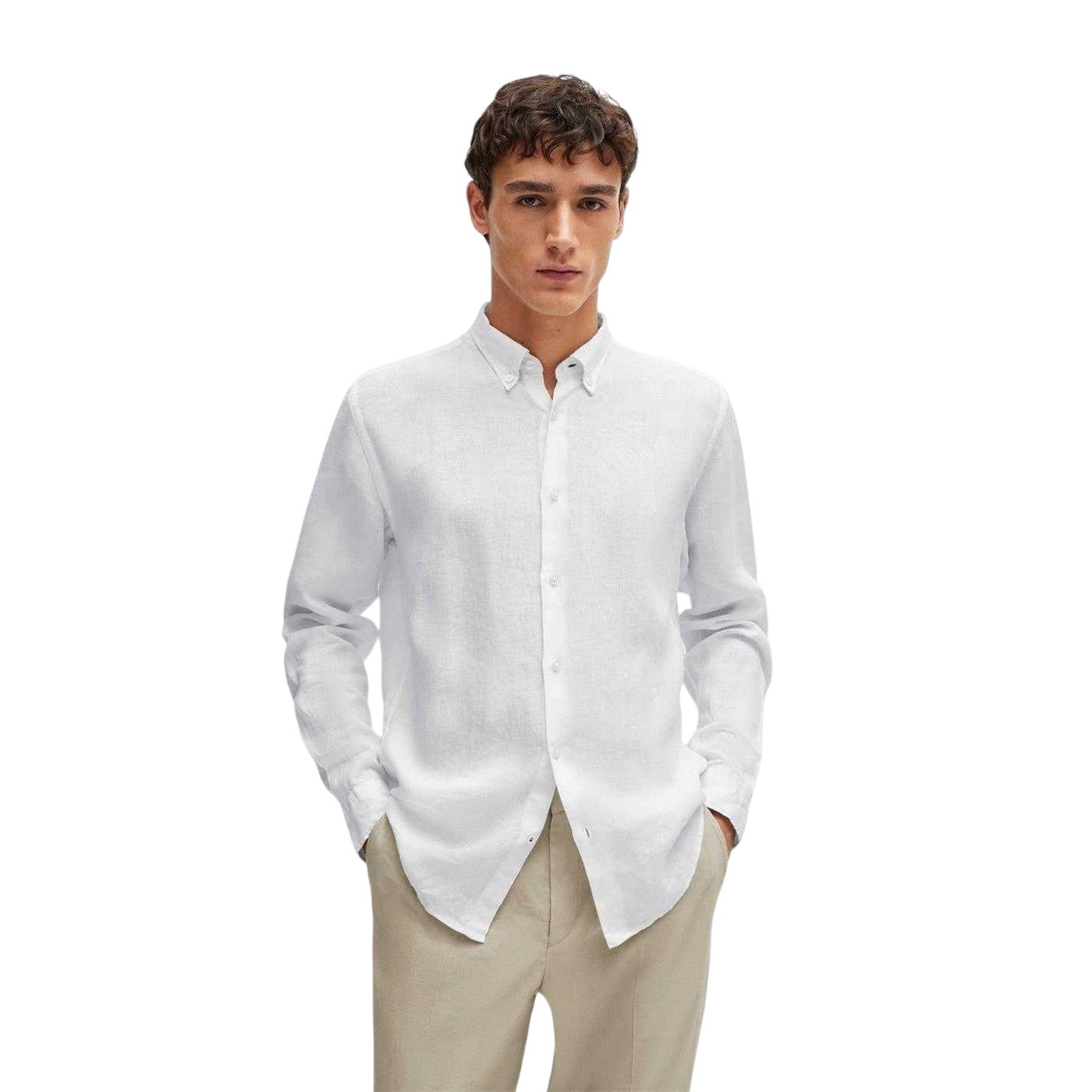 White - Pack Shot - Boss Mens Liam Linen Button-Down Shirt