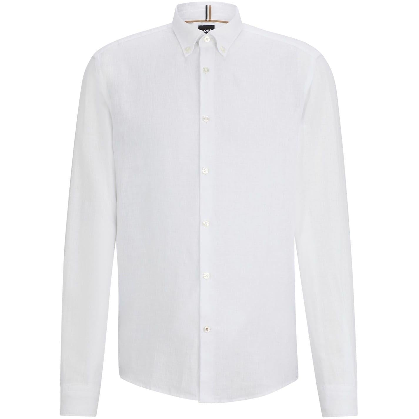 White - Front - Boss Mens Liam Linen Button-Down Shirt