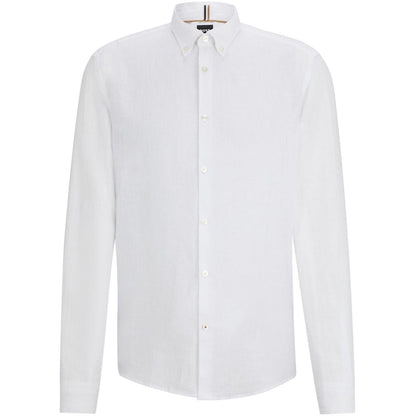 White - Front - Boss Mens Liam Linen Button-Down Shirt