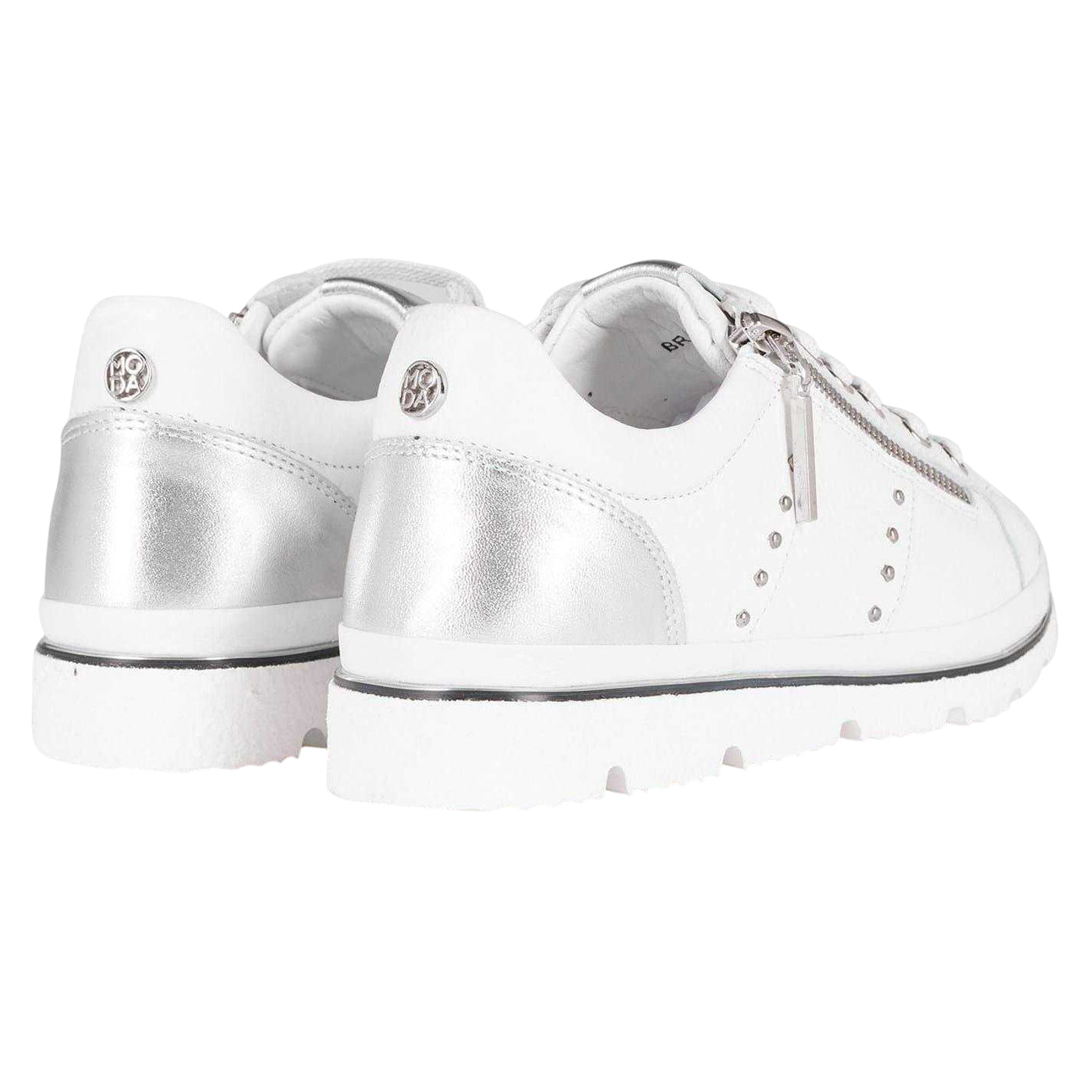 White - Back - Moda In Pelle Womens-Ladies Brasina Leather Studded Flat Trainers