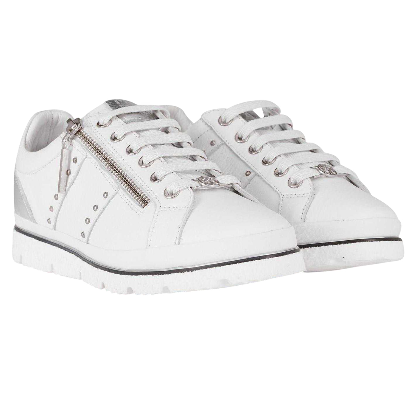 White - Pack Shot - Moda In Pelle Womens-Ladies Brasina Leather Studded Flat Trainers