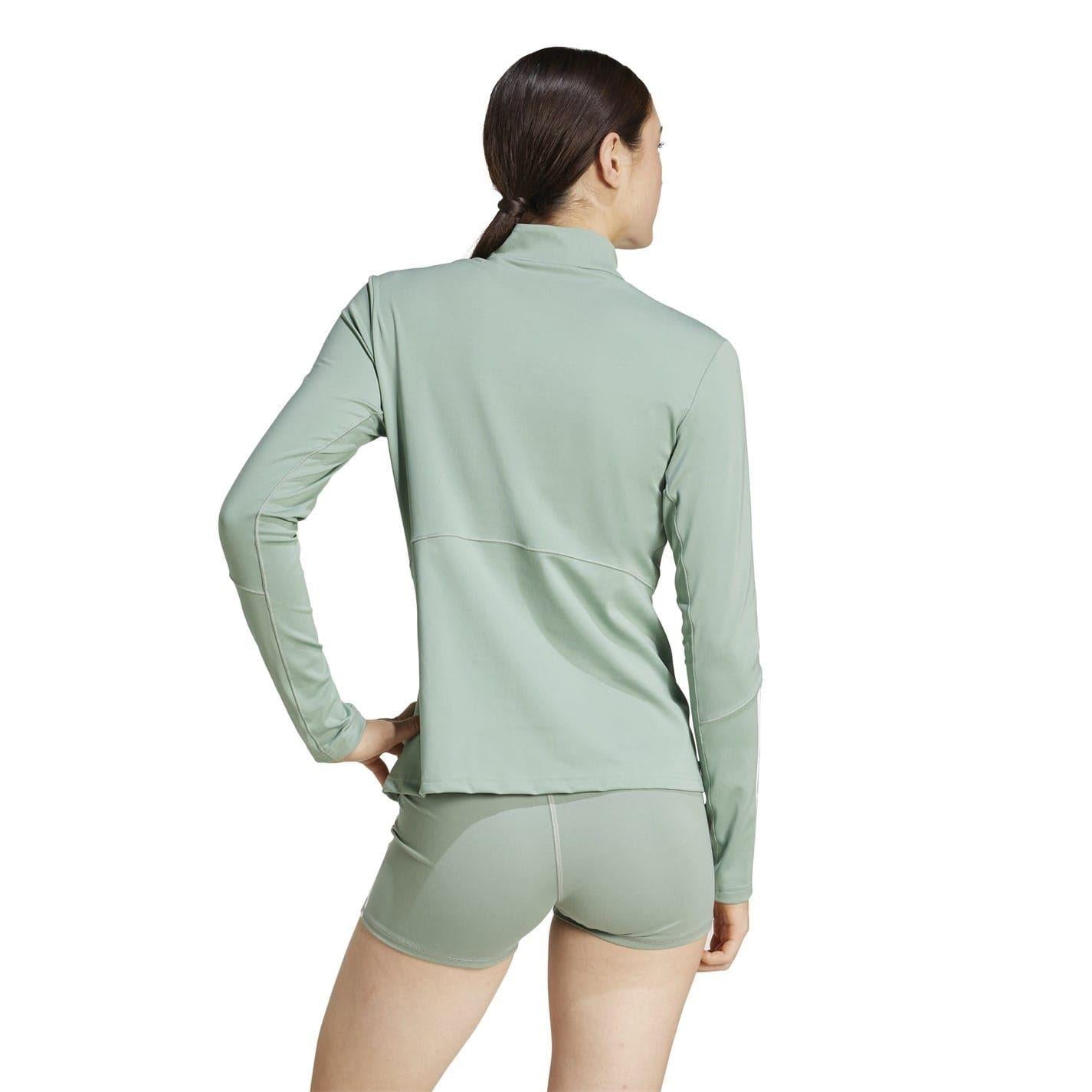Linen Green - Back - Adidas Womens-Ladies Hyperglam Zip Neck Gym Top